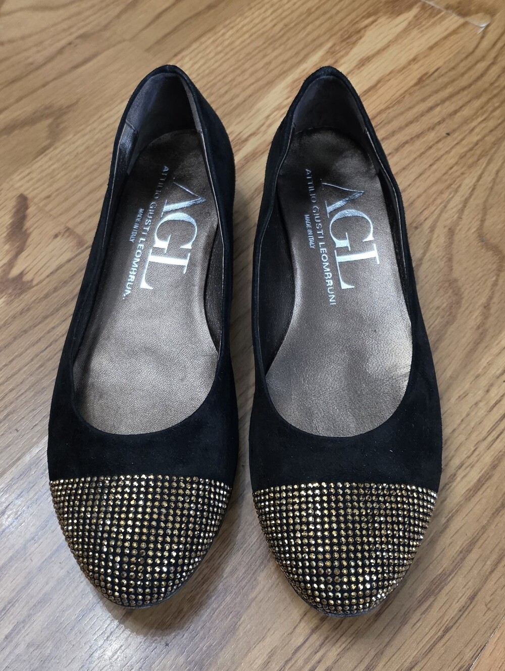 AGL Black Suede Flats with Gold Stud Toe Sz 5.5